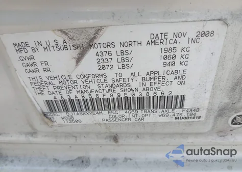 2009 Mitsubishi Galant Es z USA, uszkodzony, nr VIN 4A3AB56F89E038662